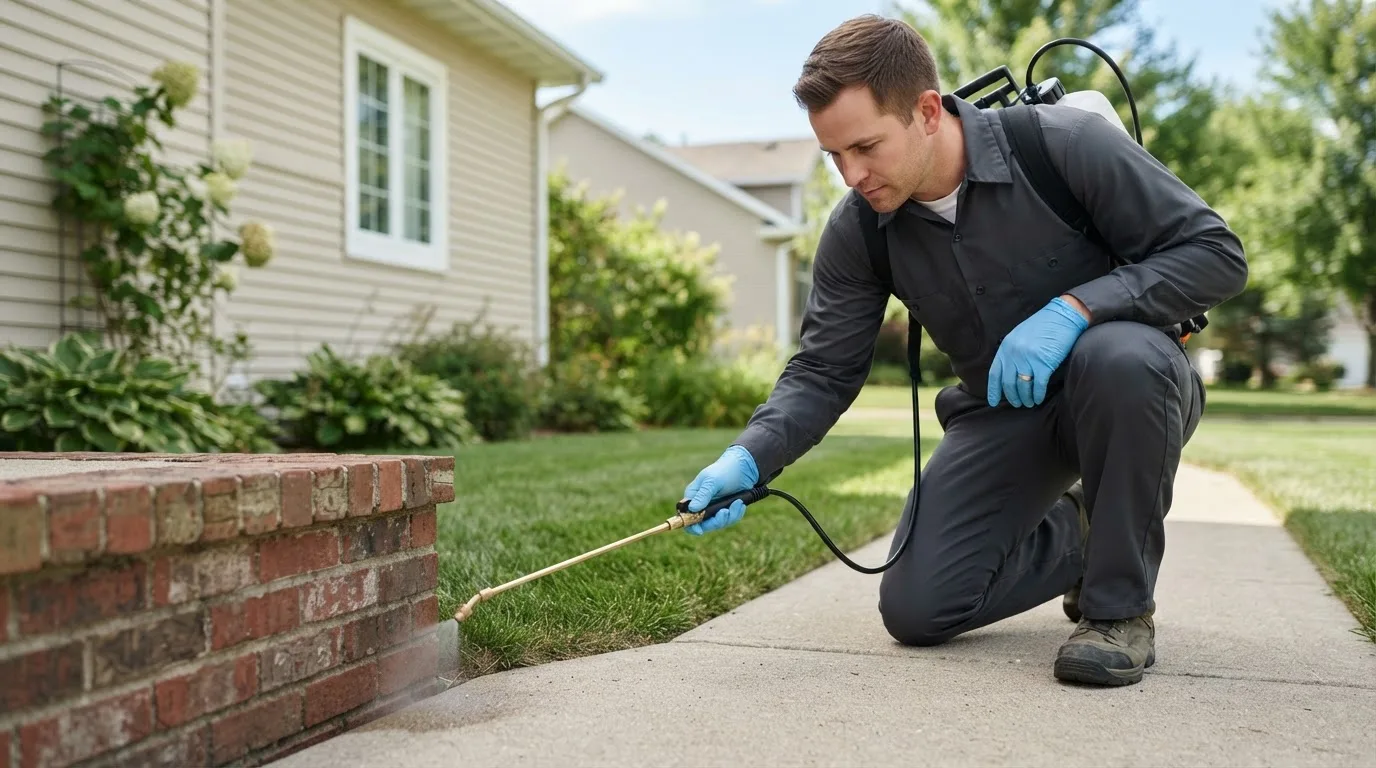 Pest control technician treating a home near Wilbur, WA